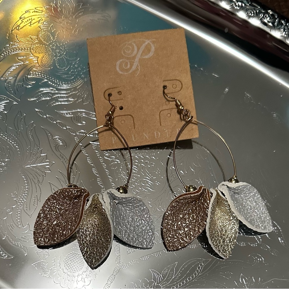 3/$25 PLUNDER FAUX LEATHER METALLIC LEAF DANGLE EARRINGS - BRAND NEW!